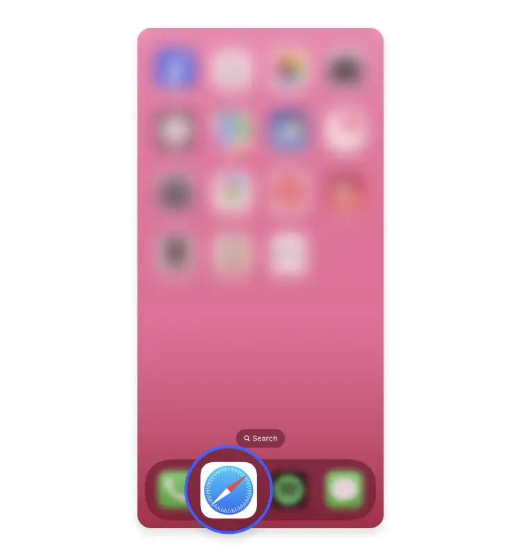 A smartphone screen displaying a blurred background of app icons. The screen is primarily pink, and the Safari browser app icon is highlighted with a blue circle at the bottom of the screen. Additionally, there is a search bar in the middle of the screen, emphasizing cybersecurity to ward off any potential cyberthreats.