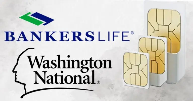 The image features logos for Bankers Life and Washington National on a grey background, alongside three progressively smaller, stacked SIM cards, emphasizing the importance of cybersecurity in protecting sensitive data against potential cyberthreats.