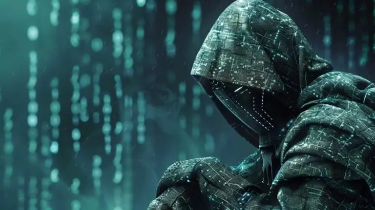 A hooded figure in a dark, futuristic environment wears a mask illuminated with digital patterns. The background is filled with cascading lines of green code, creating a matrix-like atmosphere. The scene evokes a sense of mystery and advanced cybersecurity threats.