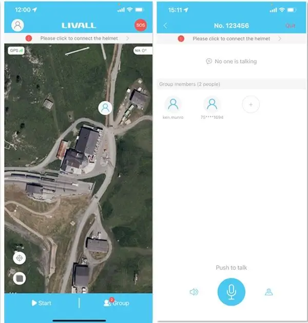 Screenshot of a mobile app. The left part shows a satellite map view with buildings and paths, buttons for GPS and group selection. The right part features a chat interface with a top notification to connect to a helmet, a user list, an audio button, and a "Push to talk" button for secure communication via VPN.