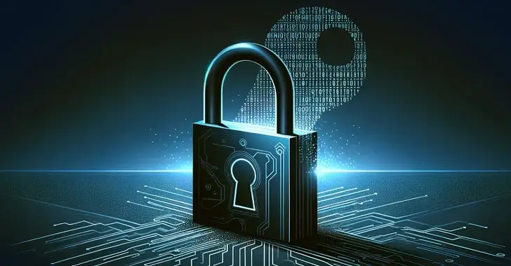 A digital rendering of a glowing padlock with a keyhole, set against a dark background. The padlock rests on what appears to be a circuit board. In the background, binary code forms the shape of a key, symbolizing DOD-level cybersecurity and data protection aligned with CMMC standards.