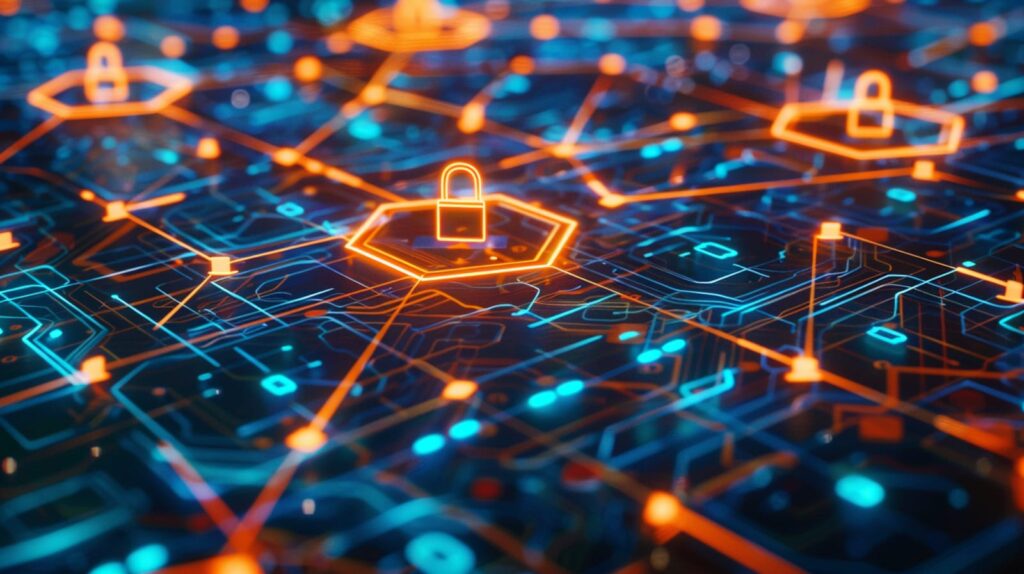 A digital illustration showing a futuristic data network. Neon orange padlocks are connected by lines and hexagonal shapes on a blue circuit-like background, symbolizing cybersecurity and data protection against potential cyberthreats. The image is vibrant and abstract in nature.