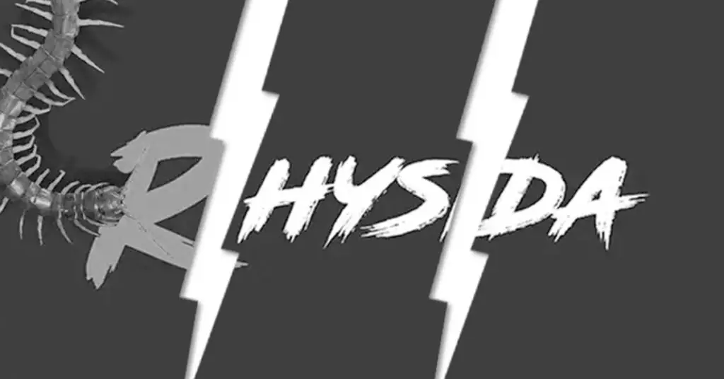 The image features the word "RHYSIDA" in bold, white, rough-edged font, with three jagged vertical lines cutting through the text. On the left side of the image is a section of a centipede, extending partially into view against a dark background—evoking an eerie sense of threat.