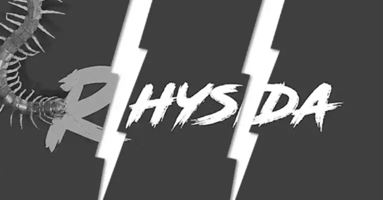 The image features the word "RHYSIDA" in bold, white, rough-edged font, with three jagged vertical lines cutting through the text. On the left side of the image is a section of a centipede, extending partially into view against a dark background—evoking an eerie sense of threat.