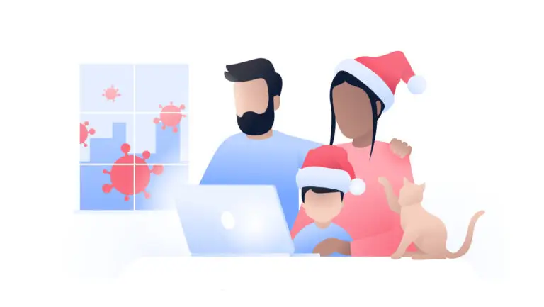 Illustration of a family with a mother, father, and child wearing Christmas hats, sitting at a table with a laptop. A cat is next to them. The window in the background shows images symbolizing the COVID-19 threat.