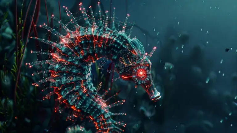 A digital illustration of a deep-sea creature resembling a seahorse, glowing in vibrant neon colors of blue and red. The creature has an intricate, spiky texture and is set against a dark, underwater background filled with floating particles, reminiscent of the complex networks found in cybersecurity realms.