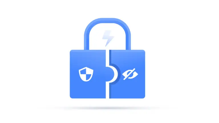 An illustration of a blue padlock with a bolt of lightning symbol on its shackle. The body of the padlock is divided into two parts with icons: a shield on the left side, representing cybersecurity and protection against cyberthreats, and an eye with a slash on the right, symbolizing privacy.