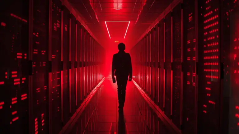 A silhouette of a person walking down a corridor lined with servers lit by intense red lighting, reminiscent of a DOD facility. The reflective surface of the floor enhances the dramatic effect, creating a futuristic, high-tech atmosphere that underscores potential cyberthreats.