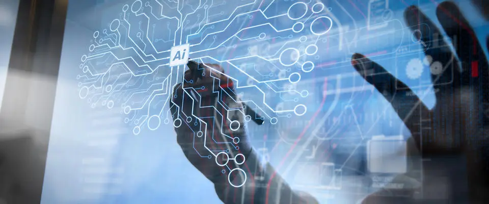 A person's hand is holding a pen, interacting with a digital interface displaying a circuit tree pattern with the letters "AI" at the center. The background features transparent layers of computer code and technical graphics, suggesting artificial intelligence technology and its potential to address cyberthreats.