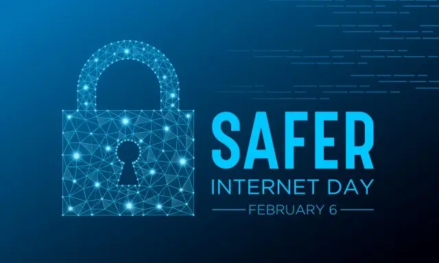 The image portrays a digital illustration of a padlock created from interconnected blue nodes and lines against a gradient blue background. Emphasizing Cybersecurity, the text "Safer Internet Day" is prominently displayed next to the padlock with "February 6" written below it.