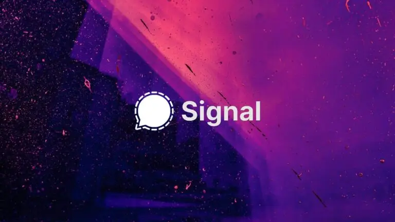 The image features the Signal app logo, a white speech bubble with a broken outline, set against a vibrant background of deep purples and pinks with scattered black speckles. The text "Signal" appears in bold white letters next to the logo, emphasizing its role in cybersecurity amidst growing cyberthreats.