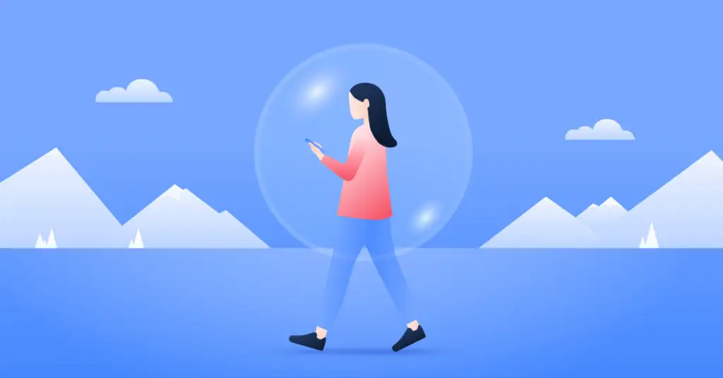 A minimalist illustration of a person walking while using a smartphone, surrounded by a transparent bubble. The background features a serene landscape with mountains, clouds, and a clear blue sky, subtly hinting at the lurking cyberthreats in our connected world.