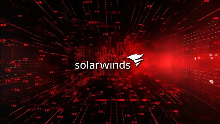 The image features a predominantly red, digital matrix-like background with the SolarWinds logo in the center. The logo includes the brand name "solarwinds" and a white swoosh symbol resembling a bird in flight. The scene has an energetic, futuristic feel, highlighting Cybersecurity and VPN themes.