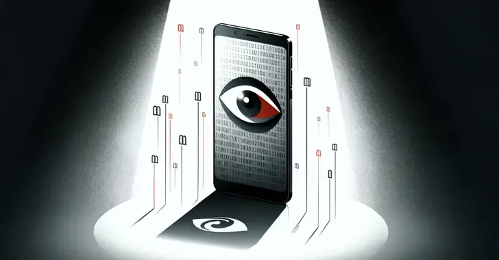 A smartphone stands upright in the center of a spotlight. The screen displays an eye symbol with binary code in the background. Small, connected lines with simple digital shapes extend from the shadow cast by the phone, evoking a sense of digital surveillance akin to DOD's rigorous CMMC standards.