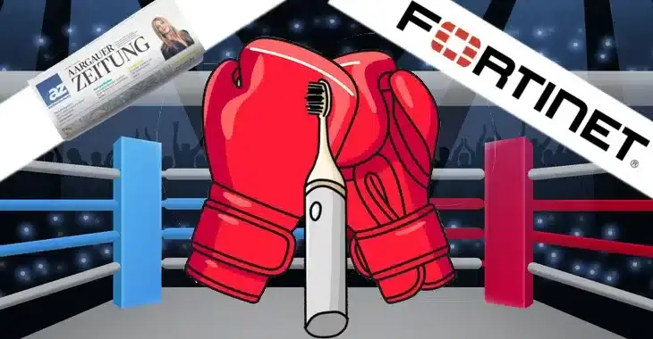 An illustration featuring boxing gloves in a ring, symbolizing a confrontation. A Fortinet logo is in the top right corner, and a rolled newspaper labeled "Aargauer Zeitung" is in the top left. A toothbrush is positioned in front of the gloves, hinting at the importance of hygiene even in tough battles like securing a VPN.