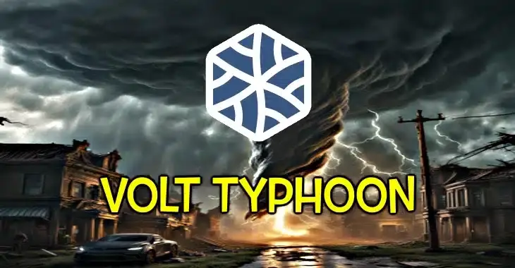 A stormy scene with dark, swirling clouds and lightning over a desolate town. The image features the text "VOLT TYPHOON" in bold yellow letters and a geometric white and blue symbol above it, hinting at DOD's Cybersecurity measures.