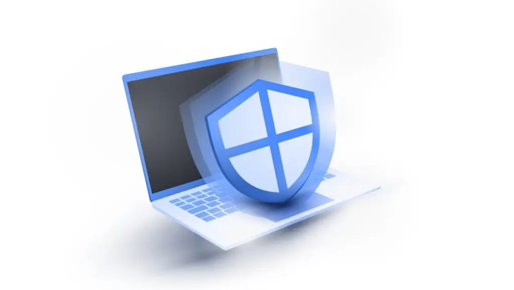 A blue laptop with a large semi-transparent shield symbol in front of it, representing cybersecurity and protection against cyberthreats. The laptop is slightly angled with the screen open, and the background is white.