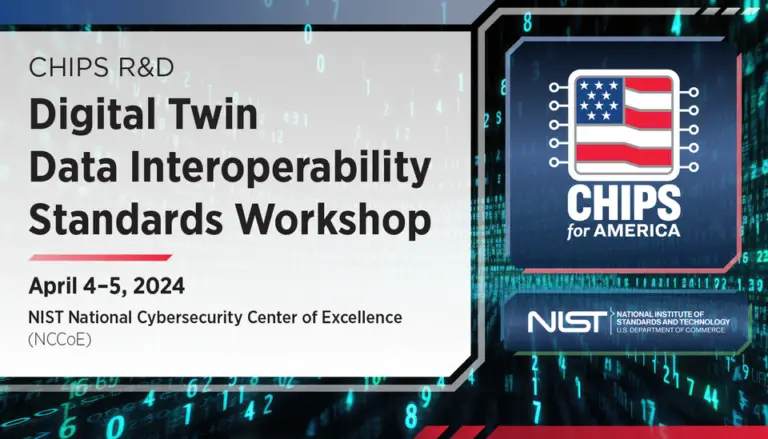 A digital banner for the "Digital Twin Data Interoperability Standards Workshop," part of CHIPS R&D for America on April 4-5, 2024, at NIST National Cybersecurity Center of Excellence (NCCoE). Features NIST, U.S. Department of Commerce logos with a binary code background highlighting cybersecurity.