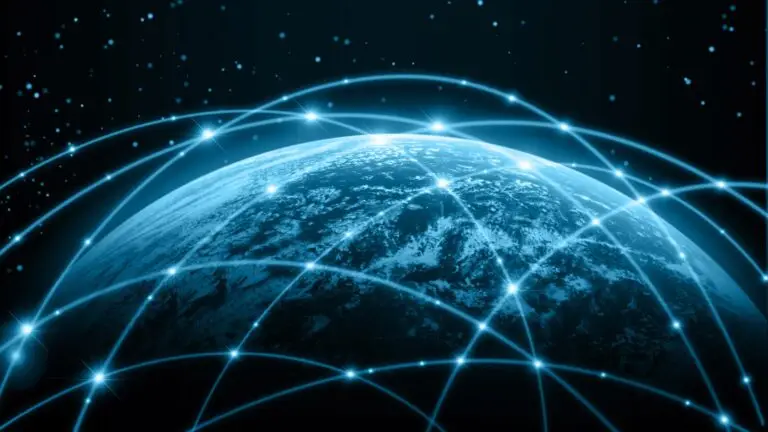 A view of Earth from space with an overlay of glowing blue lines and bright points of light, representing global connectivity and network coverage, against a dark background with scattered star-like dots. The image highlights the importance of a VPN in protecting against cyberthreats.