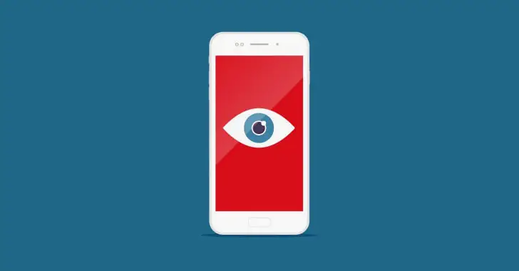 A white smartphone with a red screen displaying an eye icon in the center, symbolizing cybersecurity monitoring. The solid teal blue background adds a stark contrast, emphasizing the ever-present threat of surveillance in today's digital age.