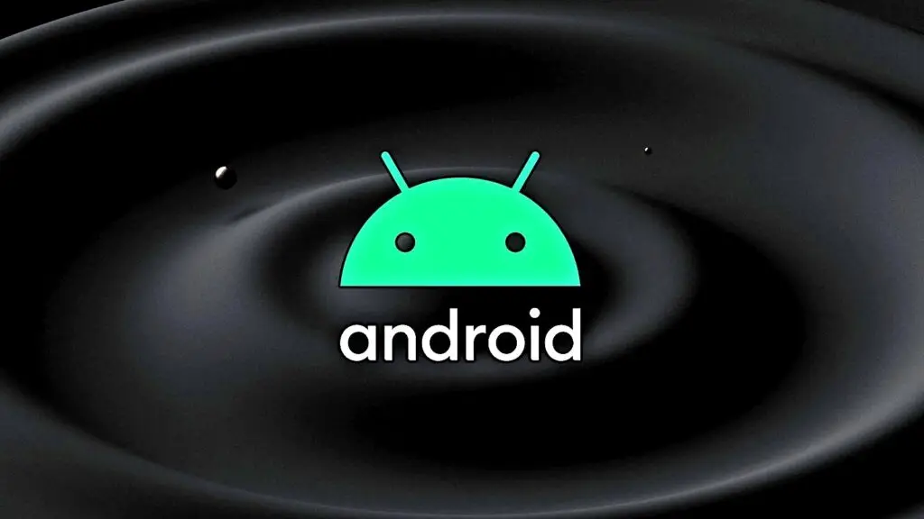 A green Android logo with antennae and two dots for eyes is centered against a dark, abstract background resembling liquid or ripples. The word "android" appears below the logo in white, bold font, emphasizing its role in navigating the modern world of cyberthreats.