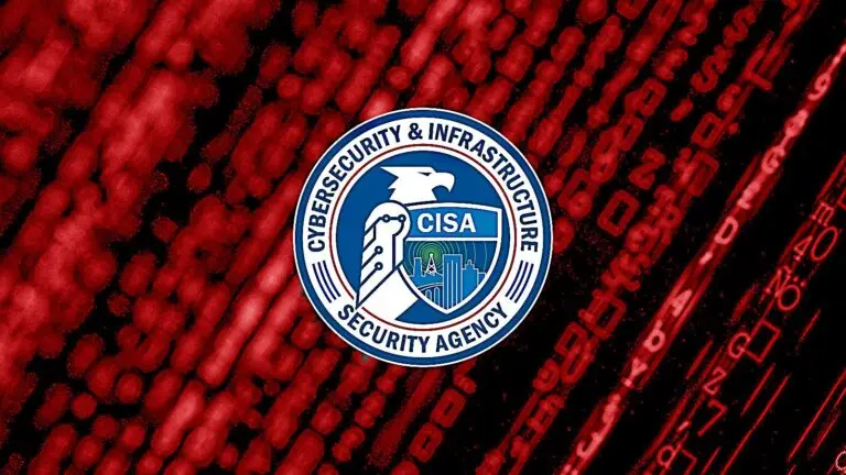 The image features the Cybersecurity and Infrastructure Security Agency (CISA) seal centered over a dark red background with abstract digital patterns resembling binary code and circuitry, evoking a sense of vigilance against cyberthreats.