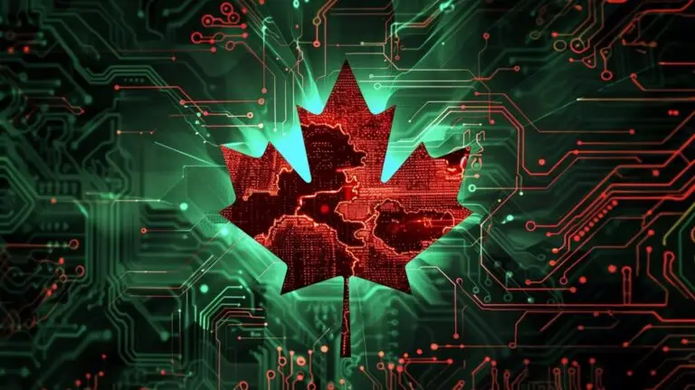 A glowing red maple leaf, stylized with intricate circuit patterns, is set against a futuristic green background filled with electronic circuitry. The image symbolizes a blend of nature and technology, highlighting the importance of cybersecurity in protecting our digital landscapes.