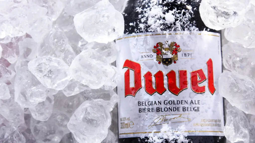 A bottle of Duvel Belgian Golden Ale is chilling on a bed of ice, like a guardian against any cyberthreat. The bottle is partially covered in frost and ice, with the label prominently displaying the brand name in bold red letters and other details in smaller text.