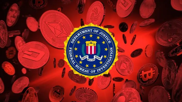 A logo of the Federal Bureau of Investigation (FBI) is centered prominently, surrounded by various digital cryptocurrency coins, including Bitcoin and Ethereum, all against a red background—depicting the agency's focus on cyberthreats.