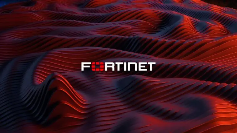 Fortinet logo displayed over a 3D-rendered, wavy, red and black abstract background, consisting of undulating lines and curves creating a dynamic and fluid visual effect, emphasizing its commitment to cybersecurity.