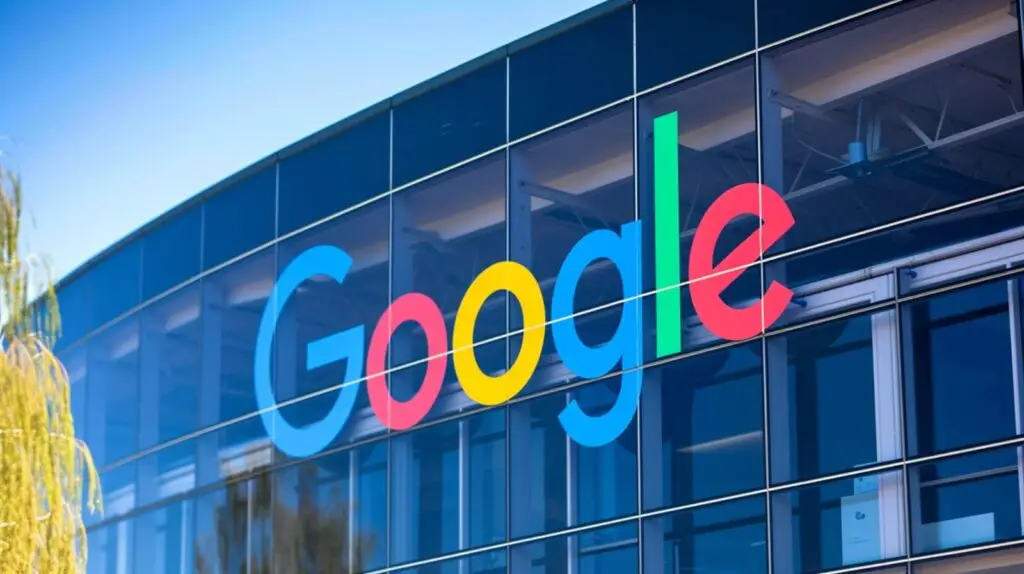 A modern glass building displays the colorful Google logo prominently on its facade. The building's reflective windows capture the blue sky, creating a vibrant and dynamic visual. A hint of greenery is visible on the left side of the image, evoking a sense of security akin to using a VPN against cyberthreats.