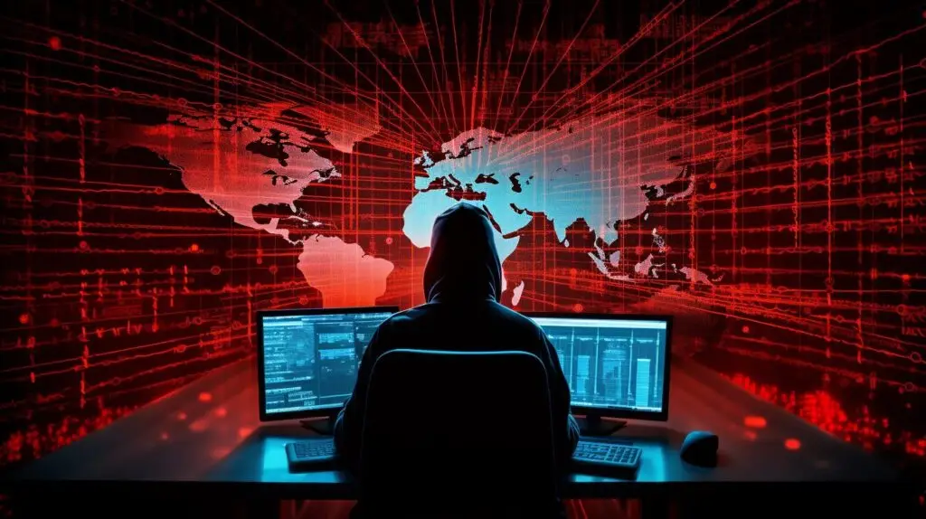 A hooded figure sits in front of two computer monitors, surrounded by a dark, red-lit environment. A digital world map filled with lines and grids is displayed in the background, highlighting the imminent cyberthreats and data breaches facing us.