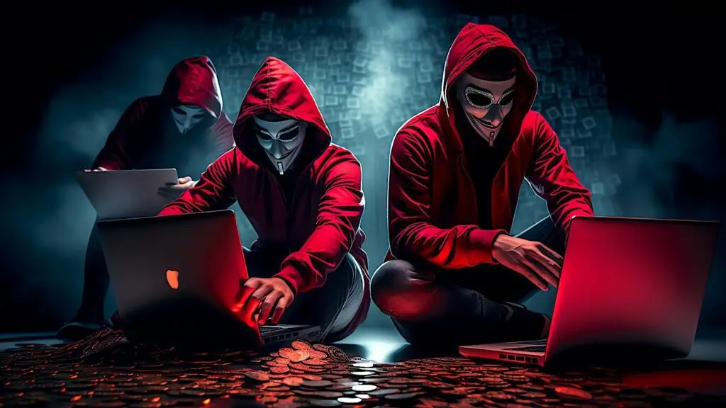 Three individuals in red hoodies and silver masks sit in a dimly lit room, typing on laptops. The ground around them is scattered with coins, and the background features a digital matrix of squares. The scene conveys a secretive, hacker-like atmosphere reminiscent of a clandestine DOD operation using VPNs to ensure CMMC compliance.