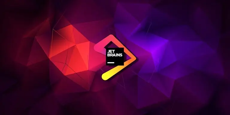 A geometric, abstract background in shades of red, purple, and dark blue. In the center, a logo featuring the text "Jetbrains" in white on a black square with a colorful arrow-like shape extending from the square in red, orange, and yellow. Perfect for CMMC and DOD compliance visuals.