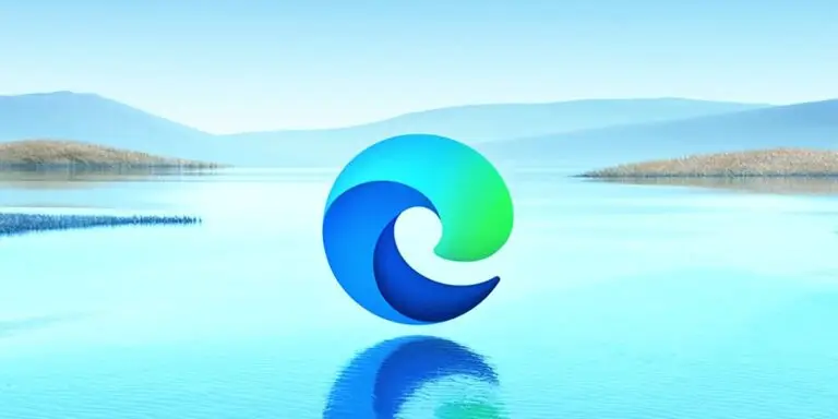 The image features the Microsoft Edge browser logo, displaying a wave-like design in shades of blue and green. The logo is centered against a serene backdrop of a calm lake and misty hills in the distance, subtly highlighting its cybersecurity features.