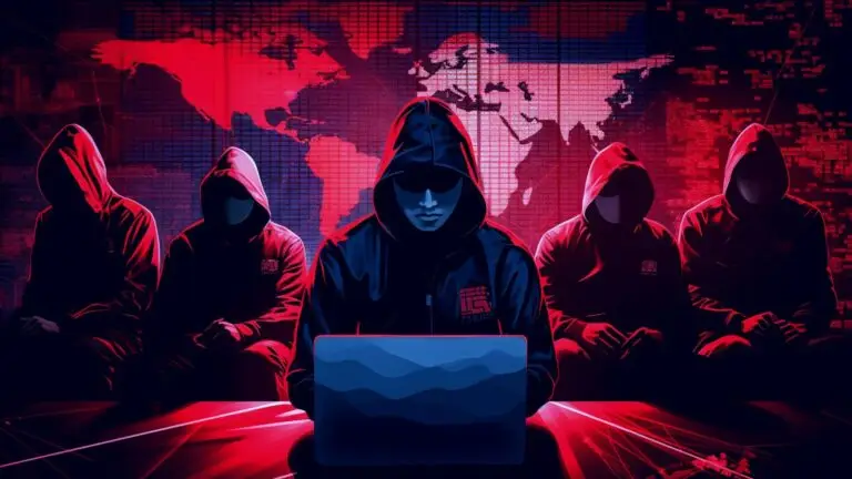 A group of individuals wearing dark hoodies sit in front of laptops with one person in the center prominently typing. The background features a world map with red highlights, evoking a theme of cybersecurity threats or hacking in a high-tech, dimly lit environment.