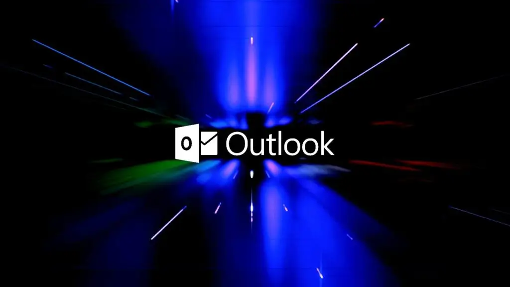 A dark background with streaks of green, blue, and red light radiating from the center. In the middle, there's the Microsoft Outlook logo with a white envelope icon and the word "Outlook" in white text, emphasizing its commitment to cybersecurity.