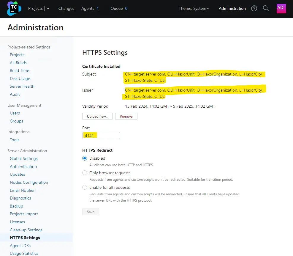 Exploiting CVE-2024-27199 to upload malicious certificate and change port number