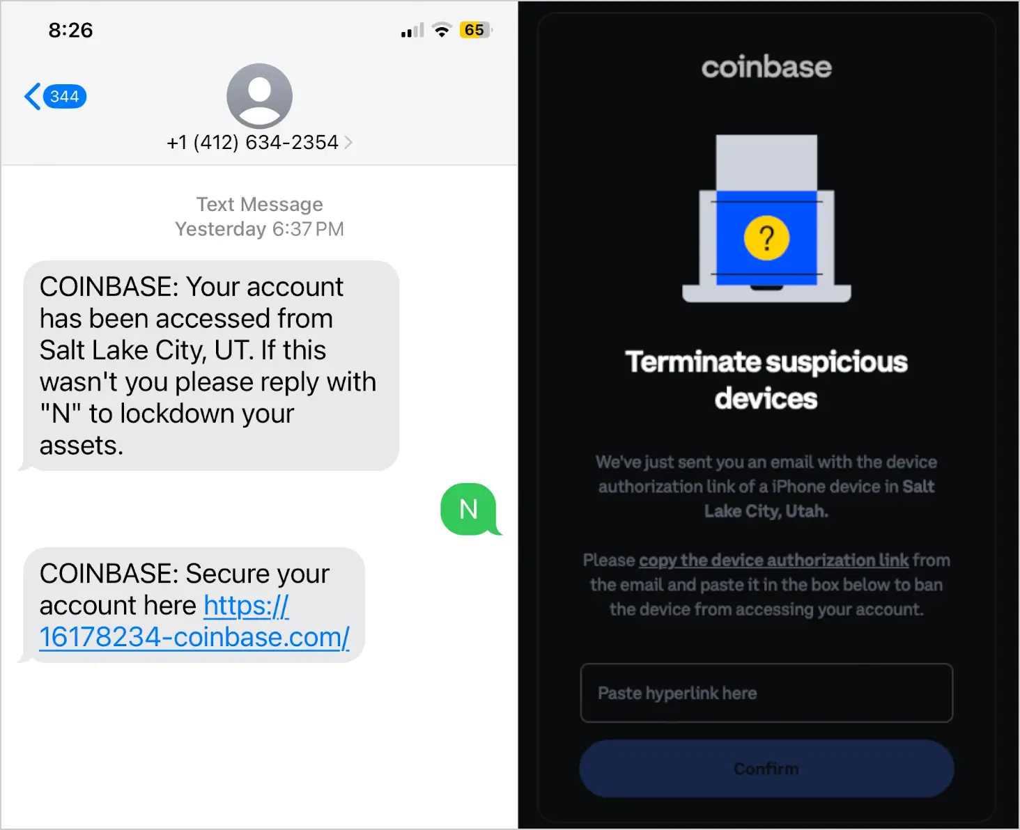 A matching phishing page ( right ) and a text message phish ( left ) are displayed.