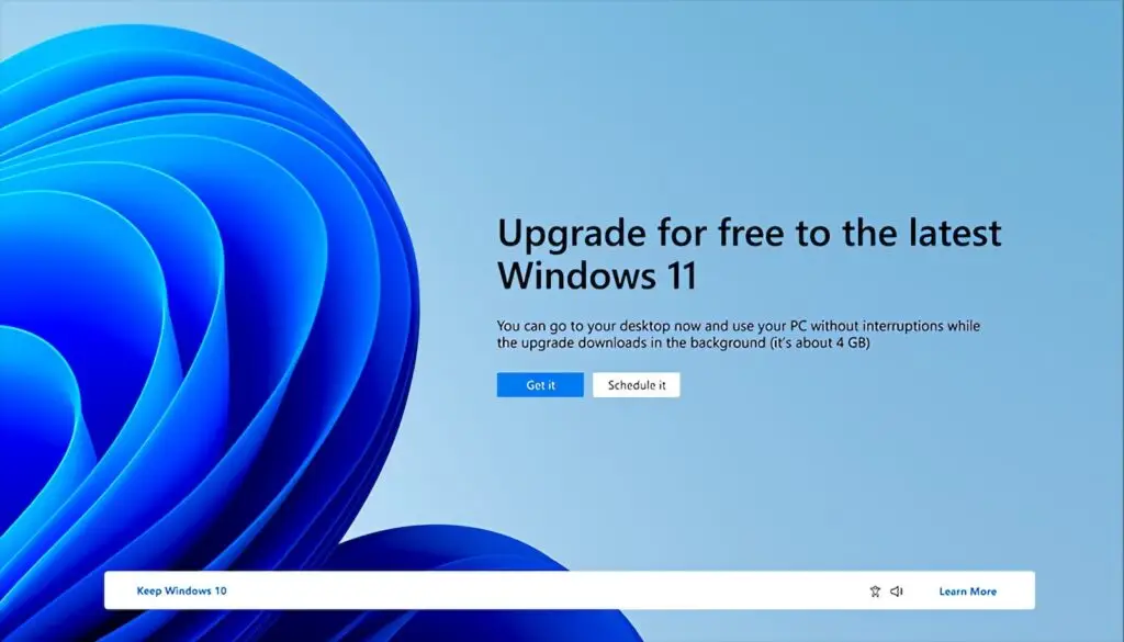 Upgrade for free to the latest Windows 11 screen with blue abstract wallpaper. Options to "Get it" and "Schedule it" are visible alongside upgrade details. The bottom toolbar includes a "Keep Windows 10" option, ensuring your security against any cyberthreats with built-in VPN support.