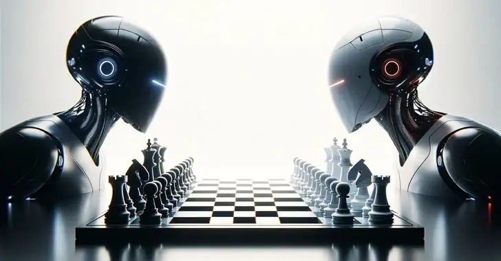 Two futuristic robots with illuminated eyes face each other across a chessboard, ready to play. The scene, reminiscent of advanced cybersecurity measures, is set against a bright, minimalist background, emphasizing the tension and concentration in this high-tech intellectual duel.