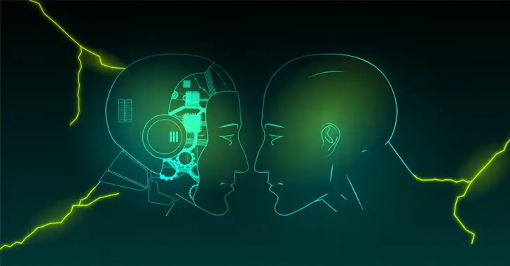 An illustration of a human and a robotic face in profile, facing each other. The human face is on the right, while the robotic face is on the left, showing internal mechanical components. The background is dark with green and yellow lightning-like lines, highlighting a sense of looming threat and intrigue.