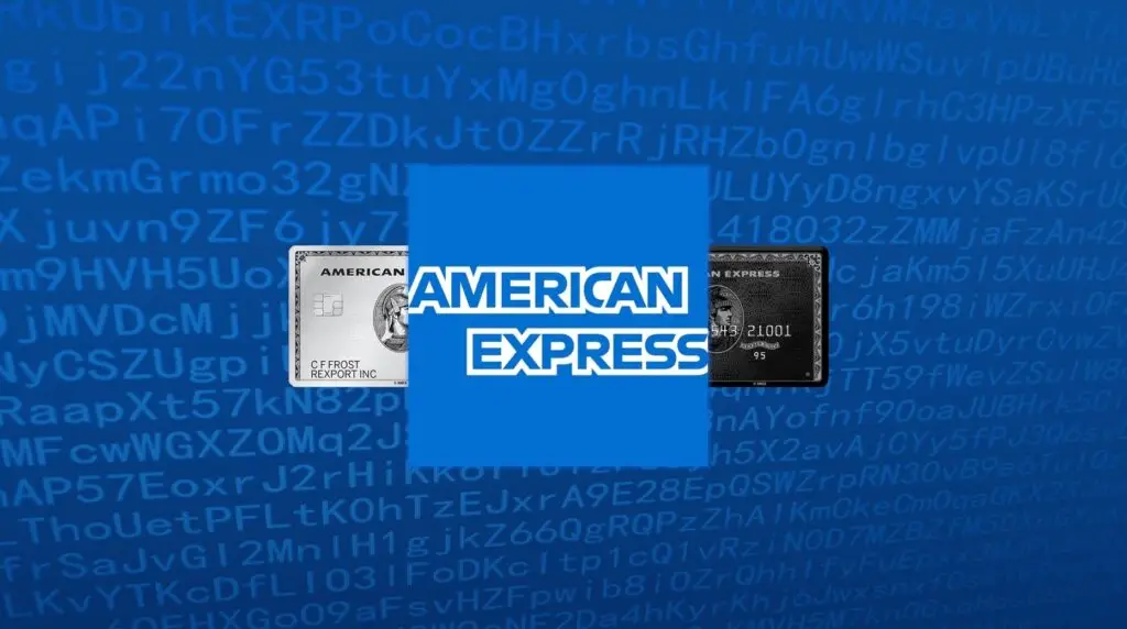 A blue background filled with random alphanumeric characters features a large blue square in the center with the American Express logo. On each side of the square are images of an American Express credit card, one silver on the left and one black on the right, symbolizing financial security, akin to a VPN protecting your data.