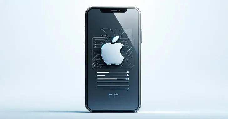 A smartphone with a prominent Apple logo on the screen. The display shows progress bars and circuit-like patterns, indicating a system update process focused on cybersecurity enhancements. The background features a soft gradient of light blue and white.