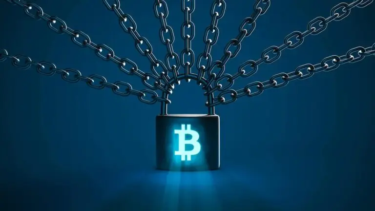 A glowing padlock with a Bitcoin symbol on it is centered in the image. Multiple chains extend from the top of the lock, symbolizing security and interconnectedness. The background is a gradient of dark to light blue, emphasizing a digital or blockchain theme while highlighting protection against cyberthreats.