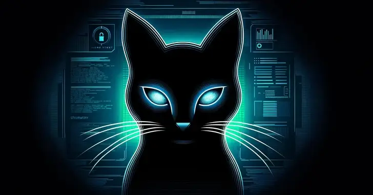 A glowing, futuristic outline of a cat with bright, luminous eyes set against a backdrop of digital and technical graphics, symbolizing technology and cyber themes. The image evokes a sense of mystery and advanced computing, reminiscent of the unseen layers protecting data like a VPN against potential threats.