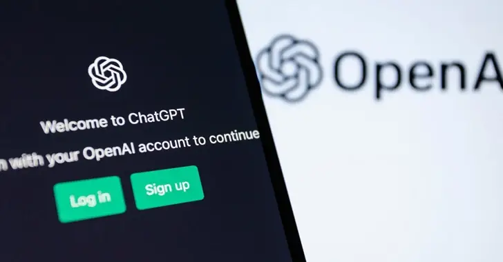 A close-up of a smartphone screen displaying the ChatGPT login page. The message reads, "Welcome to ChatGPT. Log in with your OpenAI account to continue." Two buttons are visible, labeled "Log in" and "Sign up." The OpenAI logo and name are shown in the background, highlighting the importance of cybersecurity.