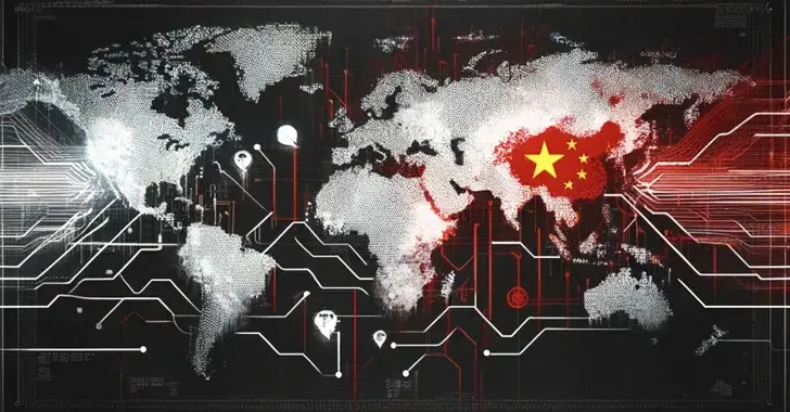 A digital world map highlights China in red with the Chinese flag prominently displayed. Various icons and lines connect different global locations, indicating communication or data pathways, hinting at cybersecurity measures. The background is dark, emphasizing the bright red of China.