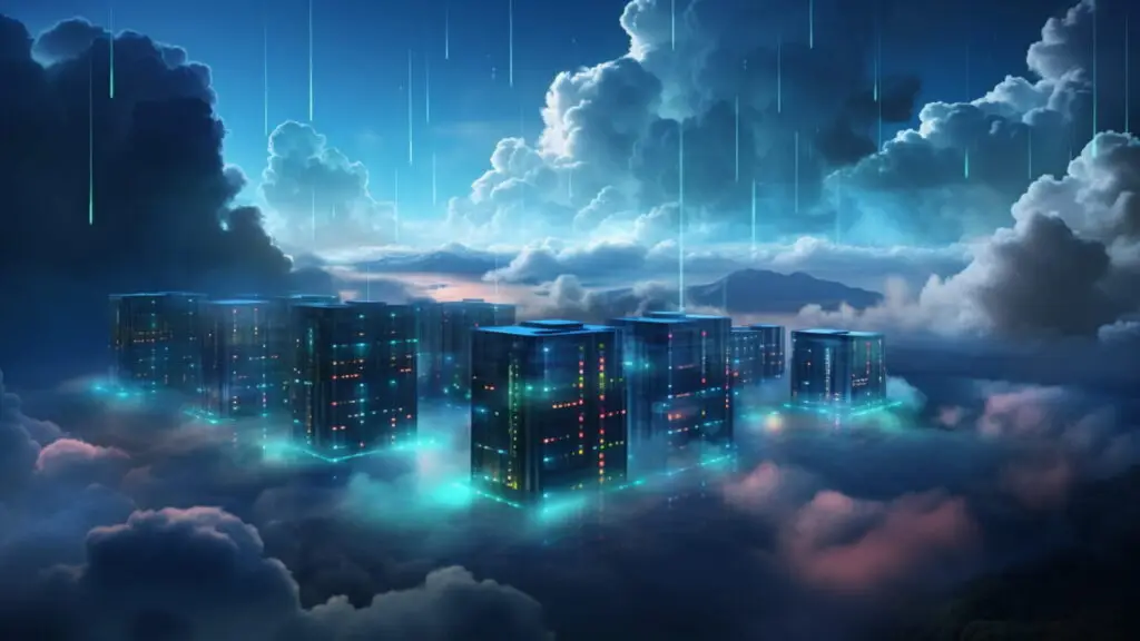 A surreal scene of several futuristic data centers or server farms floating among clouds with a dramatic sky backdrop. Streams of data or light descend from the sky, adding a sci-fi atmosphere. The servers emit a soft, glowing blue light, hinting at the vigilance against looming cyberthreats.